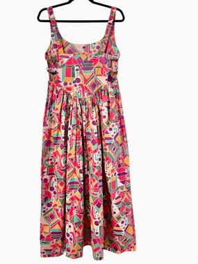 S/W/F Colorful Geometric Print Midi Dress Smocked Back Sundress